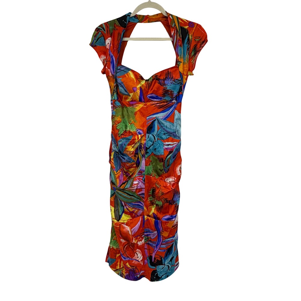 Vintage Cache Dress Size 2 Orange Abstract Floral Open Back Silk Blend Y2K Midi